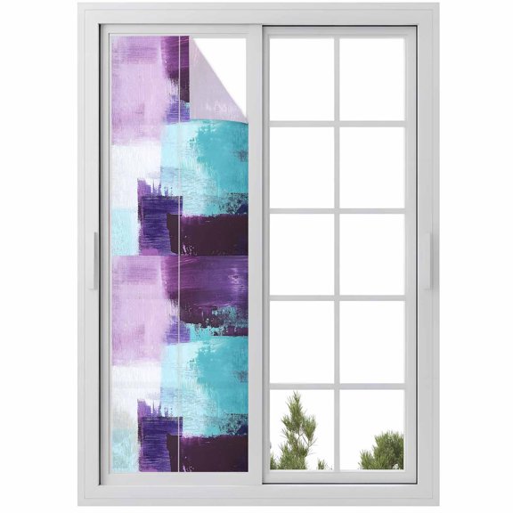 Purple Turquoise Window Privacy Film, Geometric Modern Abstract Oil Painting Static Cling UV Sun Blocking Heat Control Window Tint, Non-Adhesive One Way Windows Privacy Cover 17.7''x78.7''