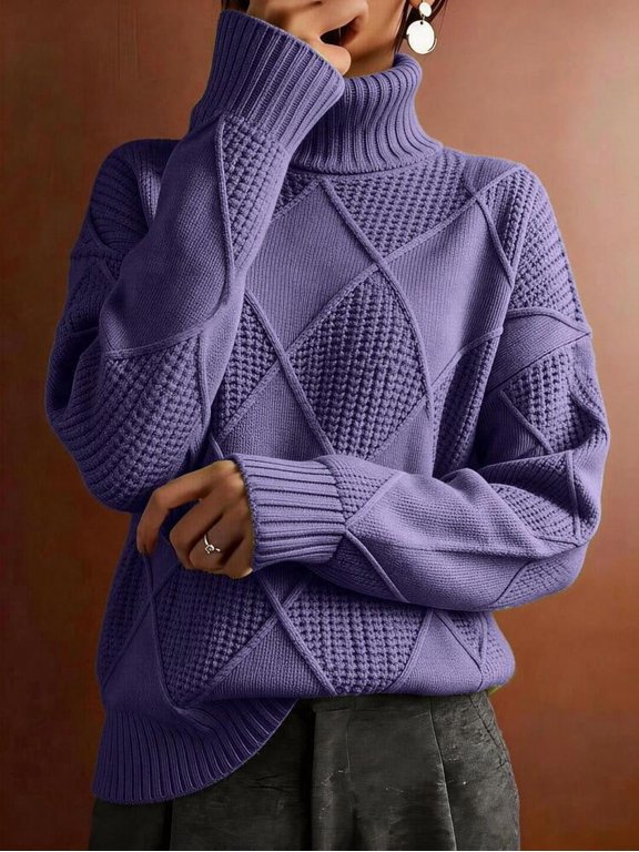 Purple Turtleneck Sweater with Diamond Knit Pattern