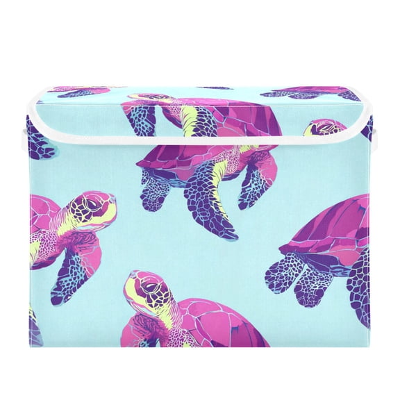 Purple Turtles Swimming Foldable Storage Bin with Lid and Handle Collapsible Storage Box 16.5 x 12.6 x 11.8 inches