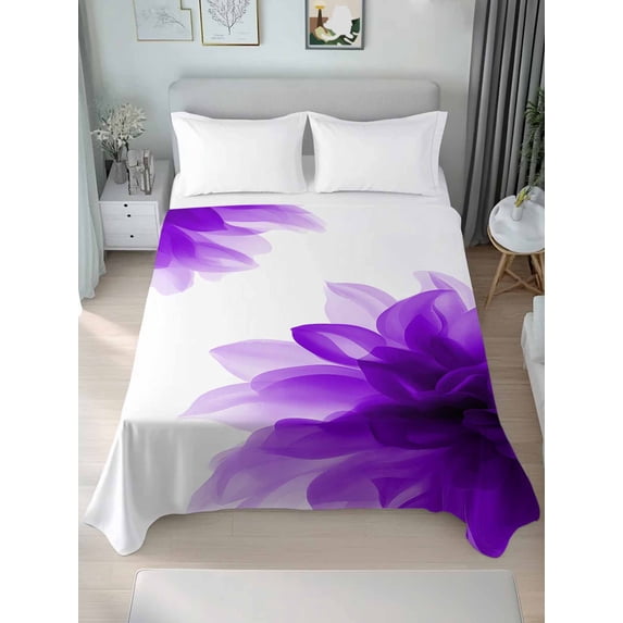 Purple Twim Size Flat Sheet, Wrinkleproof & Fadeproof Cooling Flat Bed Sheet Only, Boho Modern Floral Abstract Ombre Leaf White Breathable Soft Bedding Top Sheets 66 x 96 Inches