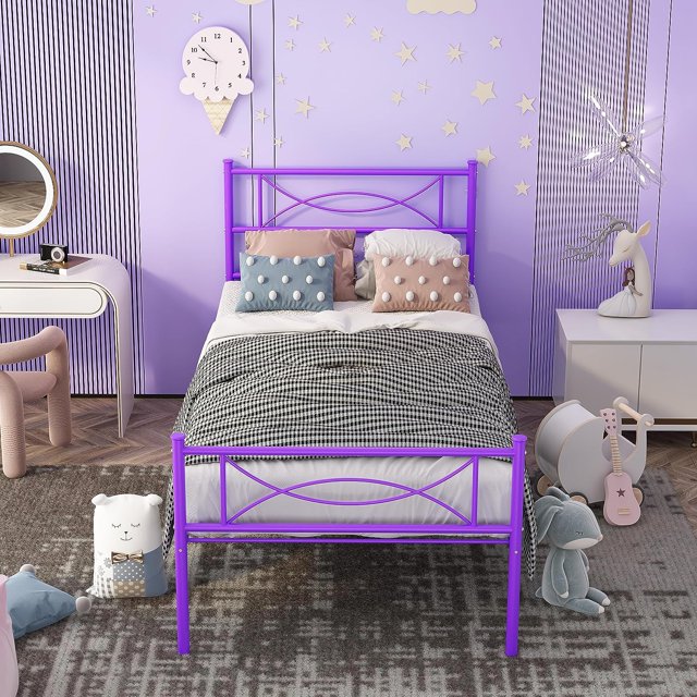 Purple Twin Bed Frames with Storage for Girls Adults Teens, Single Bed