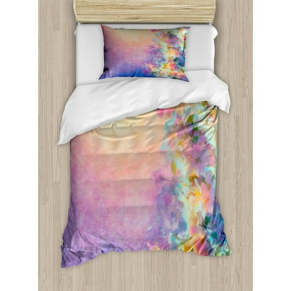 Purple Twin Size Duvet Cover Set, Watercolor Style Effect Spring Cherry Blossom Japanese Asian Nature Print, Decorative 2 Piece Bedding Set with 1 Pillow Sham, Marigold and Purple, by Ambesonne