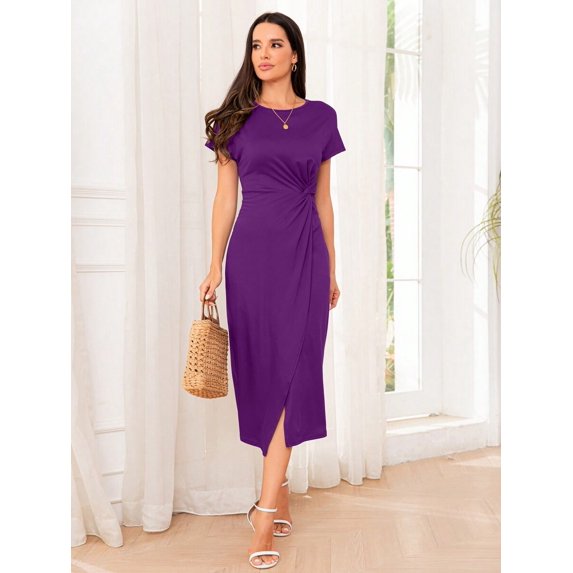 Purple Twist Front Midi Dress With Short Sleeves And Side Slit