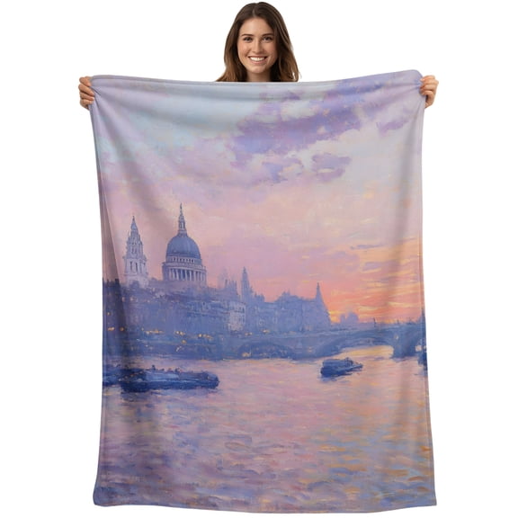 Purple UK Style Blanket Soft Cozy Warm Throw Blanket for Couch, Plush Fuzzy Flannel Blankets for Sofa, Nautical London Landscape Artwork Bed Blankets Lightweight Gifts for Women, 40"x50"