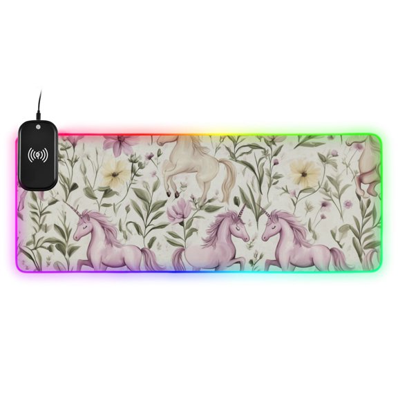Purple Unicorn Figure Wireless Charging RGB Gaming Mouse Pad Large Keyboard Mat Rubber Base 13 Light Modes