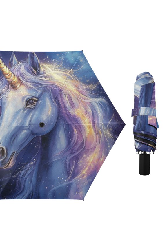 Purple Unicorns Watercolor Style All Weather Umbrella Triple Folding Parasol 6 Ribs UV Protection Portable