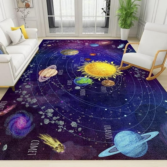 Purple Universe Sun Planet Area Rug, Cartoon Children's Universe Galaxy Indoor Non-Slip Kids Rugs, Machine Washable Breathable Durable Carpet For Front Entrance Floor Decor 5' x 7'