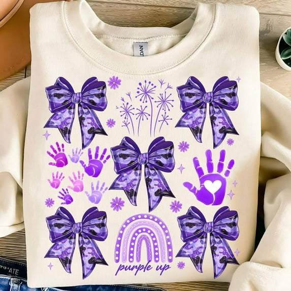 Purple Up Military Kids Sweatshirt, Coquette Army Awareness Ribbon Shirt, Cute April Month Support Pullover