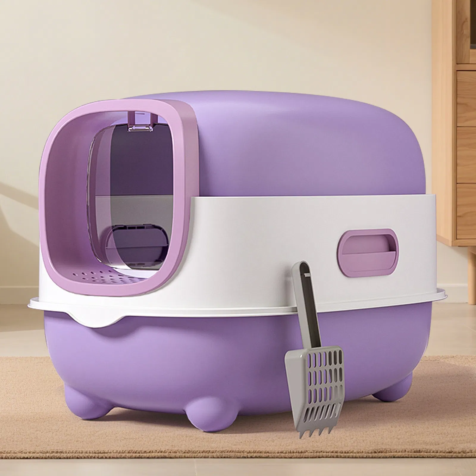 Purple Upgraded E-Style Cat Litter Box with Drawer Design, Easy Scoop & Clean Enclosed Litter Box for Cats