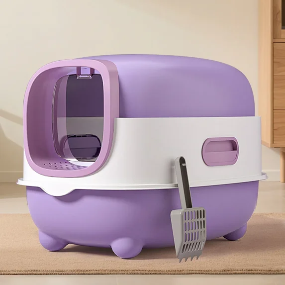 Purple Upgraded E-Style Cat Litter Box with Drawer Design, Easy Scoop & Clean Enclosed Litter Box for Cats
