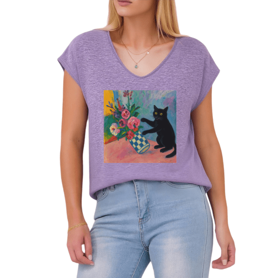 Purple V Neck Print Tshirt S-5XL Black Cat Floral Art Graphic Tees Casual Shirts Tops