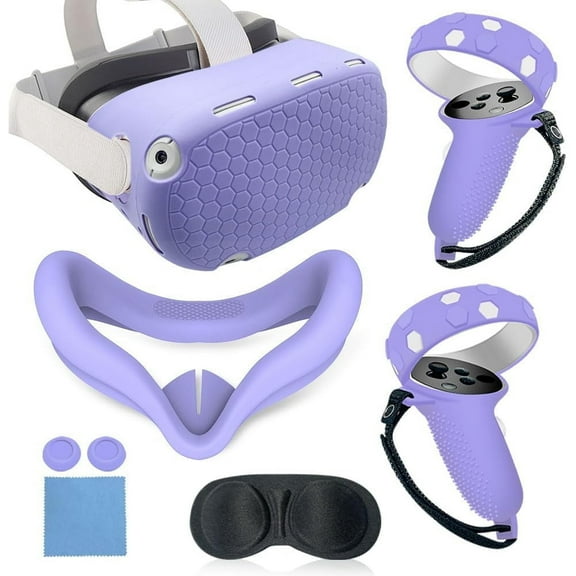 Purple VR Cover Accessories Set Compatible with Meta Quest 2, Silicone VR Shell, Controller Grips & Face Cover, Button Caps, Lens Cover + Glasses Cloth Set for Quest 2 (for Meta Quest 2)