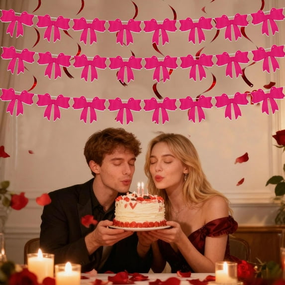 Purple Valentine Day Decoration Vintage Felts Bow String Banners, Wall Decor Valentine's Day Ornaments,Wedding Birthday Party Background Hanging Decoration(2pcs)