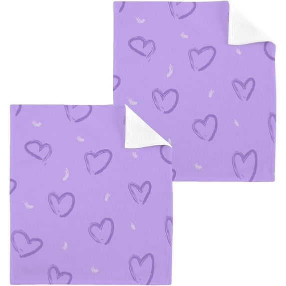 Purple Valentine Heart Washcloth 12x12in Set, 2 Pack Absorbent Cotton Towel Square Kitchen Dishes Towels, Soft Cleaning Face Hand Towel Fast Drying