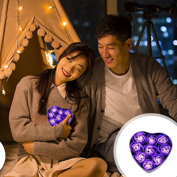 Purple Valentine's Day Gift Set - 9-Piece Heart-Shaped Soap Roses in Decorative Iron Box, Scented Artificial Flower Bath Set for Women, Mom, Wife for Anniversary, Mother's Day