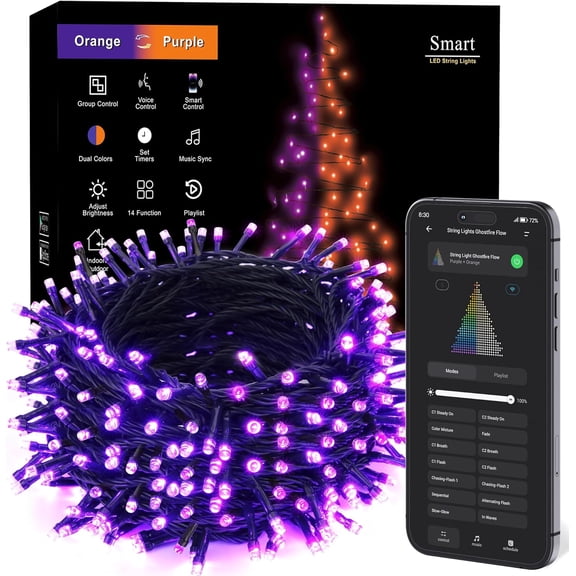 Purple Valentine's Day Lights, 98Ft 300LED Color Changing String Lights APP/Voice Control, Music Sync Orange & Purple Fairy Light for Christmas Indoor Outdoor Halloween