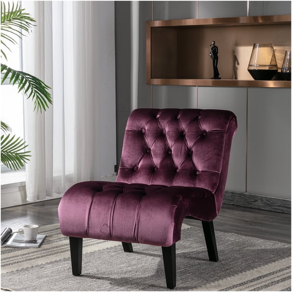 Purple Velvet Accent Chair, Modern Armless Upholstered Fabric Leisure Sofa Single Seating with Wooden Legs for Living Room, Bedroom, Office