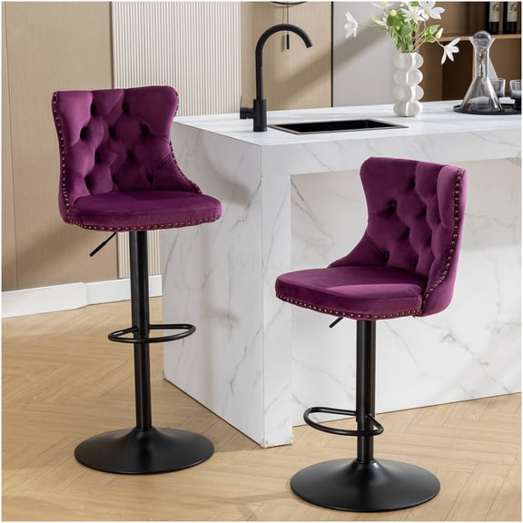 Purple Velvet Bar Stools Set of 2 with Backs, Swivel Adjustable Height 25 to 33 Inch, Upholstered Tufted Stool for Kitchen Island, Home Pub, Modern Seating