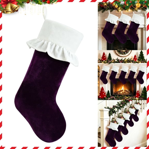 Purple Velvet Christmas Stocking Ruffled Cuff Holiday