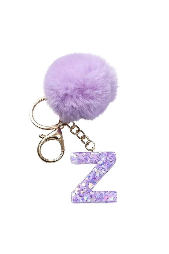 Purple Velvet Letter Pendant, A-Z Initial Ball Keychain, Soft Plush Bag Charm for Backpack Purse Keys, Monogrammed Accessory, Holiday Gift for Women Gi-rls