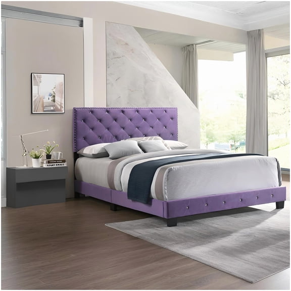 Modern Queen Size Bed Frame with Headboard, Velvet Upholstered Platform Bed, Wood Slat Support No Box Spring Needed