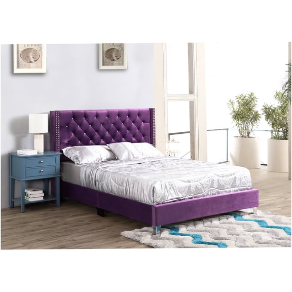 Purple Velvet Upholstered Platform Bed Frame, Full Size Low Profile with Padded Headboard, No Box Spring Needed