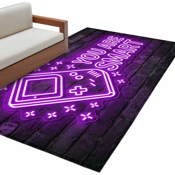 Purple Video Game Area Rug 4x6 Washable Rug Non Slip Cartoon Funny Neon Graffiti Brick Large Area Rug Indoor Floor Carpet for Entryway Bedroom Kitchen Living Room Home Office Dining Room Nursery