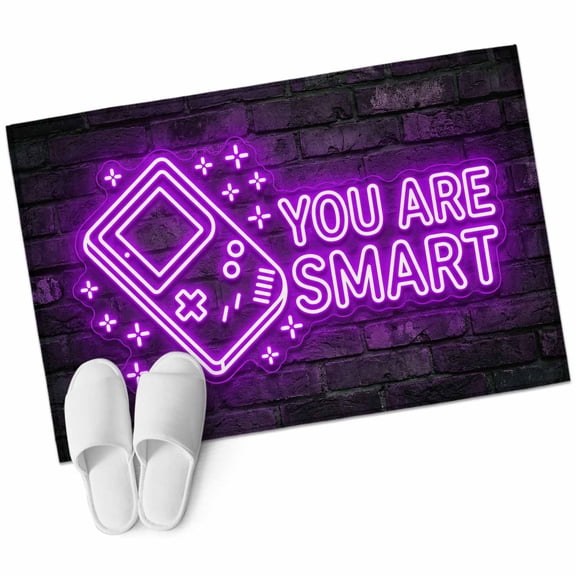 Purple Video Game Bathroom Rug Washable 2x3 Entryway Rug Non Slip Cartoon Funny Neon Graffiti Brick Front Door Mat Low Pile Indoor Doormat Throw Floor Carpet for Kitchen Bedroom Entrance