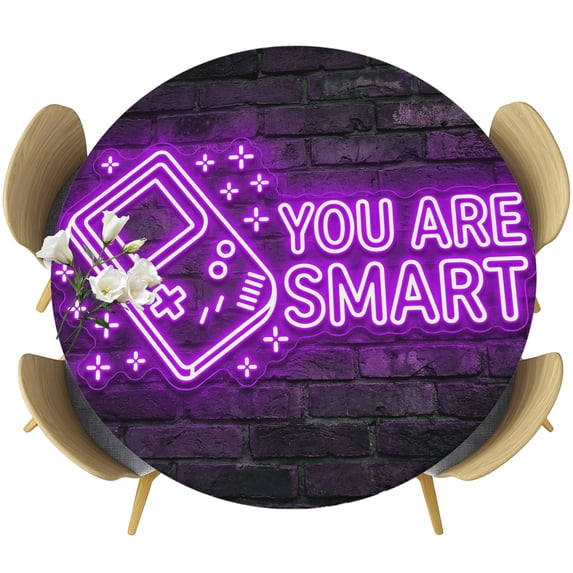 Purple Video Game Round Tablecloth 55-60 Inch Round Fitted Table Cloth with Elastic Edge, Cartoon Funny Neon Graffiti Brick Waterproof Table Cover Protector for Outdoor Picnic Party Dining