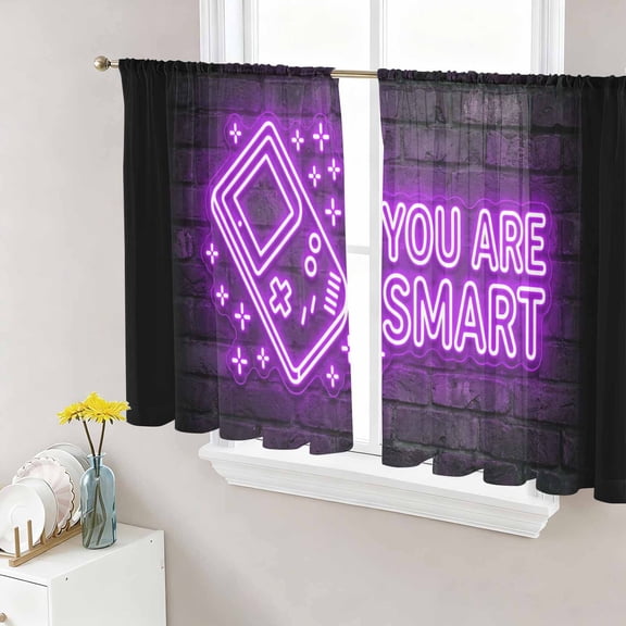 Purple Video Game Sheer Curtains 45 Inch Length 2 Panels Set, Cartoon Funny Neon Graffiti Brick Voile Window Treatment Rod Pocket Small Kitchen Curtains Drapes for Bedroom 52"x45"x2
