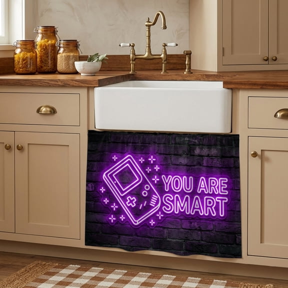 Purple Video Game Small Cabinet Curtains 10"W x 11"L, Cartoon Funny Neon Graffiti Brick Sink Skirt Dust-Proof Short Curtain for Bathroom Vanity Storage Cubby Desk, Self Adhesive Privacy Drapes