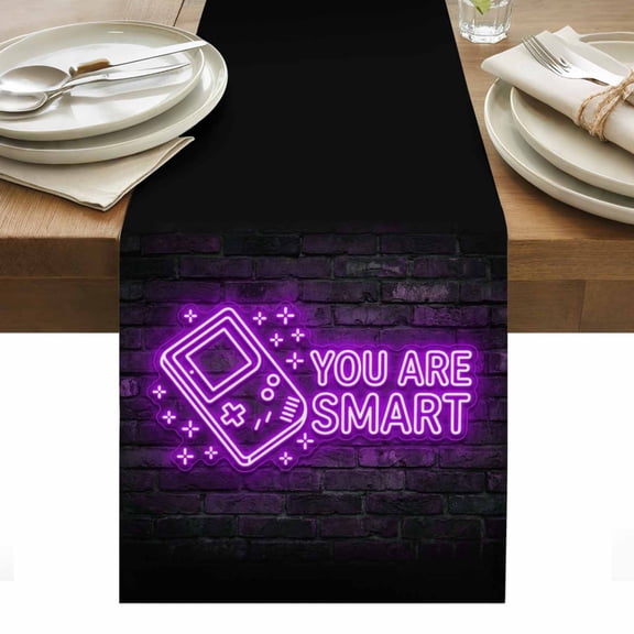 Purple Video Game Table Runner Cartoon Funny Neon Graffiti Brick Tablerunners 13 x 36 Inch, Table Decorations Tabletop Scarf for Summer Gathering Holiday Farmhouse Kitchen Dining Decor