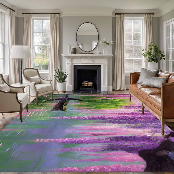 Purple Vine Flowers Area Rug 6x9 Washable Rug Non Slip Spring Tree Lake Boat Retro Oil Painting Large Area Rug Soft Stainresistant Indoor Floor Carpet for Living Room Bedroom Home Office Dining Room