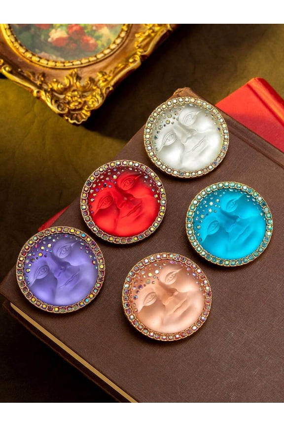 Purple Vintage European Style 3D Carved Moon Face Brooch With Crystal Accents, Elegant Luxury Fashion Pin For Formal & Daily Wear