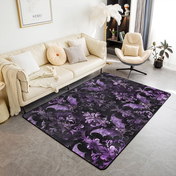 Purple Vintage Flowers Kids Area Rug,Baroque Gothic Antique Damask Indoor Floor Mat Entrance Rug For Boys Girls,Bats Halloween Bohemia Non Slip Rug,Black Boho Couch Living Room 5x7ft
