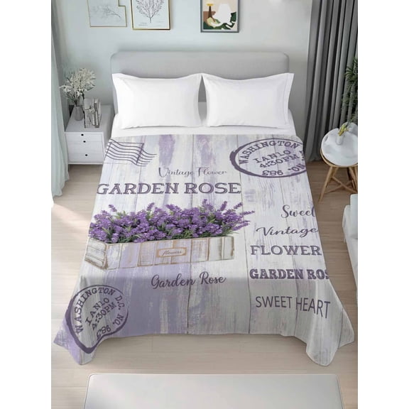 Purple Vintage Lavenders King Size Flat Sheet, Wrinkleproof & Fadeproof Cooling Flat Bed Sheet Only, Farmhouse Wooden Retro Art Breathable Soft Bedding Top Sheets 105 x 98 Inches