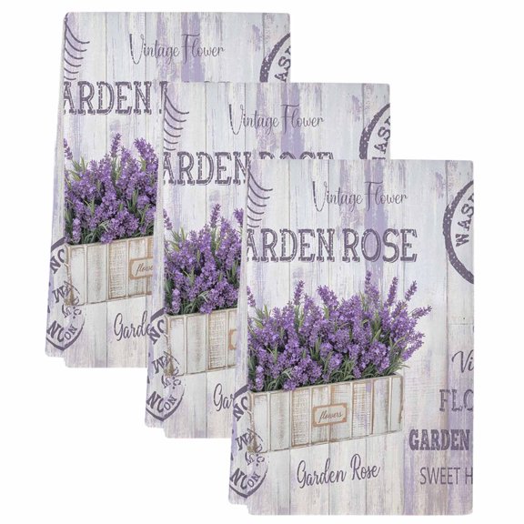 Purple Vintage Lavenders Kitchen Towels Set of 3, Farmhouse Wooden Retro Art Soft Microfiber Dish Towels, Absorbent Quick-Dry Washable Dishcloths for Kitchen Cleaning, Drying Dishes, 18x28 Inches