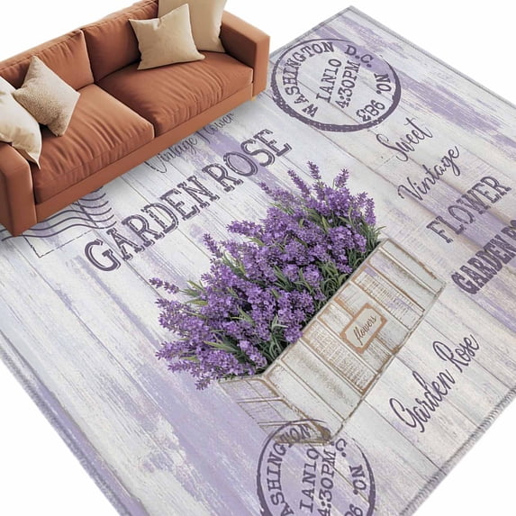 Purple Vintage Lavenders Large Area Rugs for Bedroom Living Room, Soft Non Slip Carpet Bedside Rug, Farmhouse Wooden Retro Art Rectangular Floor Cover Kitchen Accent Rug 5'x7' for Dining Room/Office
