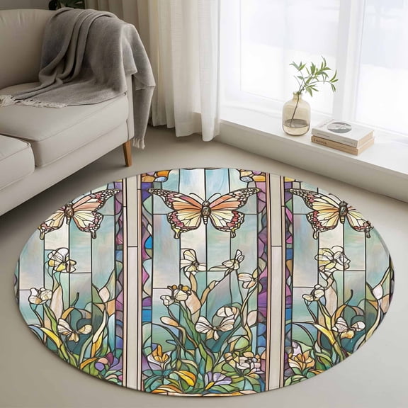 Purple Vintage Stained Glass 4FT Round Area Rugs for Living Room Flowers Butterfly Ultra-Thin Non-Slip Round Rugs Machine Washable Low Pile Circle Carpet for Bedroom Kitchen Nursery