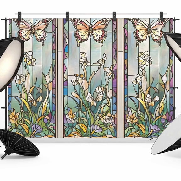 Purple Vintage Stained Glass Backdrop for Photography, Flowers Butterfly Photo Backdrop Portrait Background Party Banner Photo Backgrounds for Studio Booth Props, 7x5ft