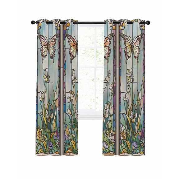 Purple Vintage Stained Glass Blackout Curtains for Bedroom Living Room, Flowers Butterfly 63 In Long Thermal Insulated Room Darkening Drapes Grommet Window Treatments, 42 x 63 In