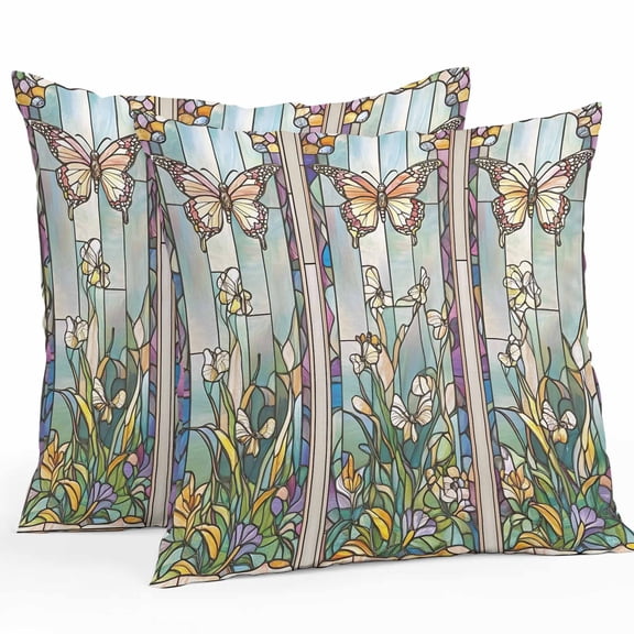 Purple Vintage Stained Glass Outdoor Pillow Covers Pack of 2 Flowers Butterfly Waterproof Throw Pillow Covers Decorative Cushion Cases for Patio Garden Tent Balcony Couch 24x24 inch