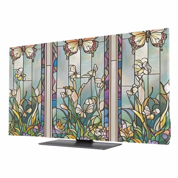 Purple Vintage Stained Glass TV Dust Cover 24 Inch, Flowers Butterfly Computer Monitor Cover Dustproof Stretchable Indoor TV Screen Protector for LED LCD Universal Monitors