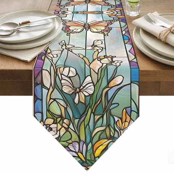 Purple Vintage Stained Glass Table Runner 48 Inches Long Flowers Butterfly Table Runners for Dining Room Tabletop Dresser Scarf Home Party Banquet Wedding Holiday Decoration