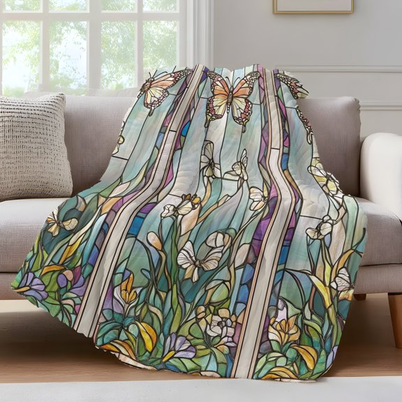 Purple Vintage Stained Glass Throw Blanket for Couch Flowers Butterfly Soft and Warm Flannel 3D Striped Fluffy Fuzzy Fleece Blanket Lightweight Throw for Bed, Sofa 32 x 48 Inches