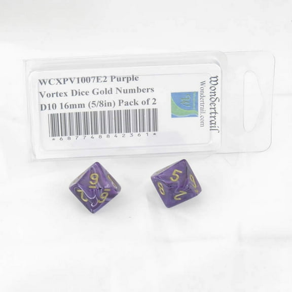 Purple Vortex Dice with Gold Numbers D10 Aprox 16mm (5/8in) Pack of 2 Wondertrail