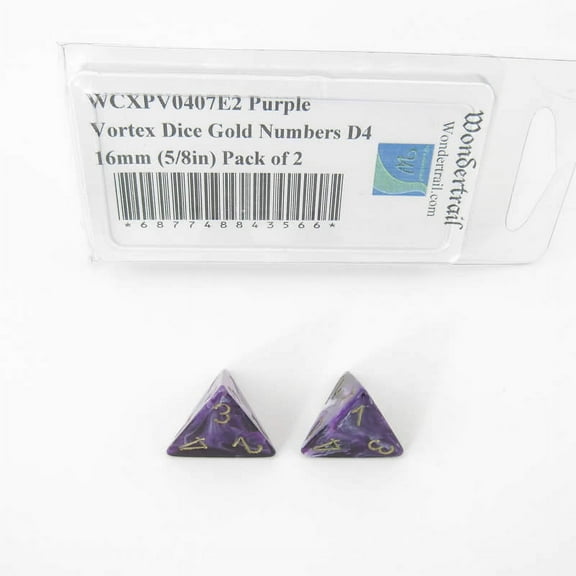 Purple Vortex Dice with Gold Numbers D4 Aprox 16mm (5/8in) Pack of 2 Wondertrail