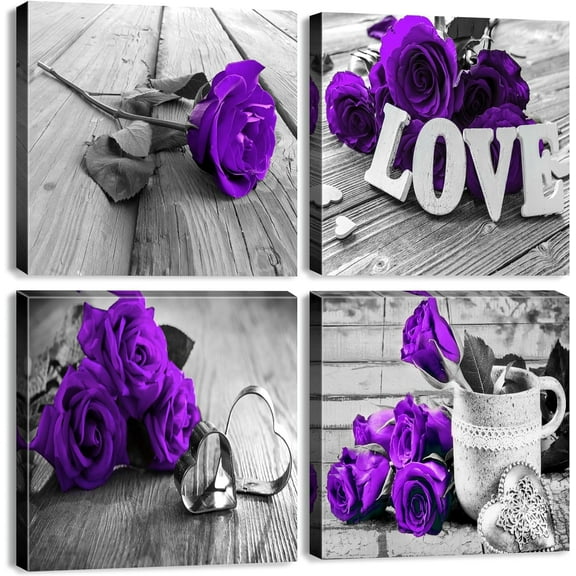 Purple Wall Art Bathroom Decor Rose Flower Canvas Prints Black and White Grey Background Romantic Love Painting Artwork Couple Bedroom Pictures Floral Posters Living Room Home Decorations 12x12” 4 Pcs
