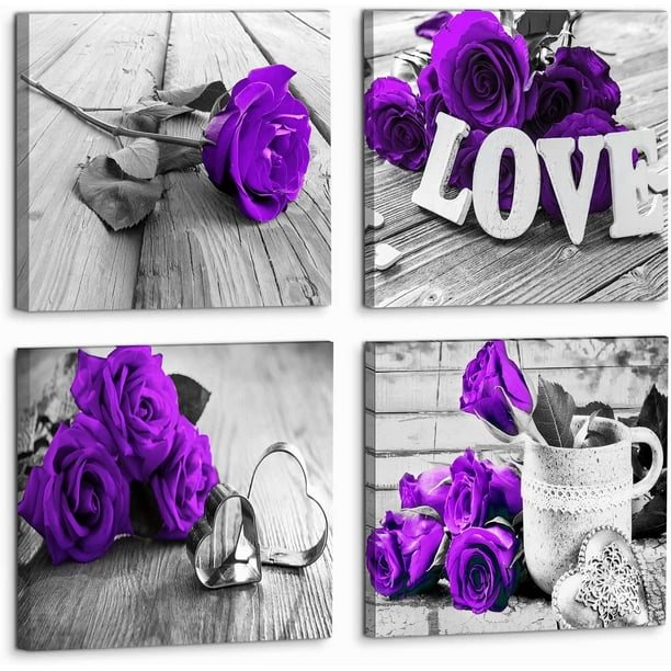 Purple Wall Art Purple Rose Flower Pictures Bathroom Wall Decor Black and White Canvas Prints Floral Poster for Kitchen Accessories Romantic Love Sign Paintings Artwork Home Decorations 14x14 4Pcs
