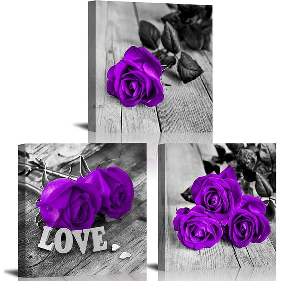 Purple Wall Art Rose Flowers Wall Decor for Living Room Bathroom Purple and Gray Canvas Paintings Romantic Bedroom Decor Black and White Modern Artwork Valentines Gifts Home Decorations 14x14" 3 Pcs